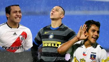 Alexis Sánchez vistiendo las camiseta de River Plate, Inter de Milán y Colo Colo.