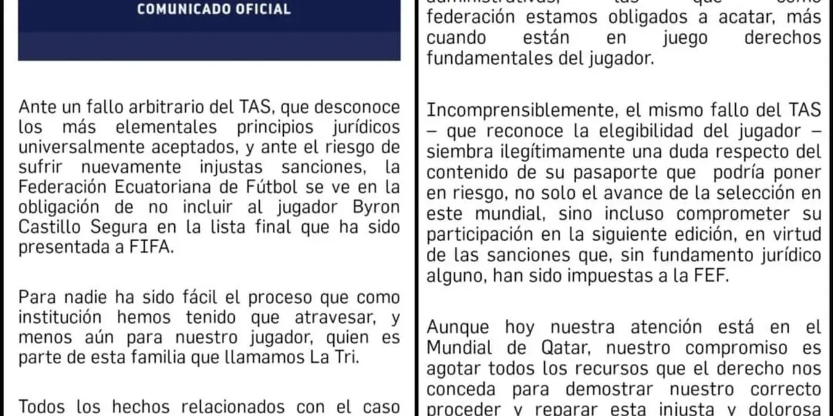 A través de un comunicado, el ente regulador del fútbol ecuatoriano se fue con todo contra el TAS y explicaron por qué no va Byron Castillo a Qatar.