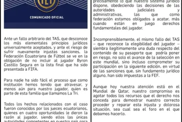 A través de un comunicado, el ente regulador del fútbol ecuatoriano se fue con todo contra el TAS y explicaron por qué no va Byron Castillo a Qatar.